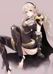  1girl armor barefoot black_armor black_hairband breasts cape cleavage closed_mouth corrin_(fire_emblem) corrin_(fire_emblem)_(female) fire_emblem fire_emblem_fates gradient gradient_background hairband haru_(nakajou-28) long_hair pointy_ears red_eyes simple_background smile solo white_hair 