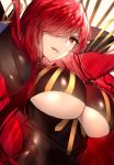  1girl arm_up bangs black_bodysuit bodysuit breasts cape fate/grand_order fate_(series) grin hair_over_one_eye large_breasts licking_lips long_hair looking_at_viewer oda_nobunaga oda_nobunaga_(fate) oda_nobunaga_(maou_avenger)_(fate) parted_lips red_eyes red_hair skindentation smile solo tongue tongue_out touwa_nikuman underboob underboob_cutout upper_body very_long_hair 