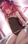  1girl arm_support asymmetrical_horns backlighting black_camisole black_panties blue_eyes blush breasts camisole collarbone commentary_request curled_horns curtains dragon_girl dragon_horns dragon_tail dutch_angle elizabeth_bathory_(fate) elizabeth_bathory_(fate)_(all) fate/extra fate/extra_ccc fate/grand_order fate_(series) half-closed_eye highres horns indoors looking_at_viewer maru_(maru1625) navel nipples on_bed one_eye_closed open_mouth panties pink_hair pointy_ears see-through sitting small_breasts solo strap_slip tail two_side_up underwear underwear_only wariza 