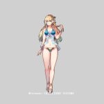  1girl bikini blonde_hair blue_eyes blue_hair breasts cleavage closed_mouth conope fire_emblem fire_emblem_heroes fjorm_(fire_emblem) flower full_body gradient_hair grey_background hair_flower hair_ornament long_hair multicolored_hair navel simple_background solo swimsuit 