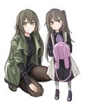  2girls brown_eyes brown_hair bunny_backpack girls_frontline grin highres jacket kneeling mmm_(ji1945) multiple_girls pantyhose shoes siblings sisters smile socks ump40_(girls_frontline) ump45_(girls_frontline) younger 