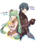  1boy 1girl a082 armor black_armor black_gloves blue_eyes blue_hair byleth byleth_(male) crossover cup drinking drinking_straw fire_emblem fire_emblem:_three_houses frey_(rune_factory) glass gloves green_eyes green_hair hair_ornament holding holding_cup long_hair nintendo_switch parted_lips release_date rune_factory rune_factory_4 short_hair simple_background twintails upper_body white_background white_gloves 