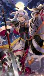  1girl :d armor arutera banned_artist blue_hair blush breasts commentary_request craft_essence fate/grand_order fate_(series) full_moon grey_hair holding holding_polearm holding_spear holding_weapon horse horseback_riding japanese_armor long_hair medium_breasts moon multicolored_hair nagao_kagetora_(fate) night night_sky official_art open_mouth polearm riding shoulder_armor sideboob sky smile sode solo spear streaked_hair thighhighs weapon yellow_eyes 