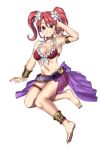  1girl absurdres anklet armlet bikini breasts cleavage closed_mouth ebinku fire_emblem fire_emblem_echoes:_shadows_of_valentia flower full_body hair_flower hair_ornament highres jewelry long_hair mae_(fire_emblem) pink_eyes pink_hair sarong simple_background smile solo swimsuit thigh_strap twintails white_background 