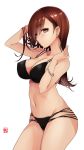  1girl :o bangs bare_shoulders bikini black_bikini blunt_bangs bracelet breasts brown_eyes brown_hair cleavage collarbone commentary_request cowboy_shot eyebrows_visible_through_hair groin hands_up holding holding_hair jewelry kantai_collection large_breasts long_hair multi-strapped_bikini navel ooi_(kantai_collection) simple_background smile stomach sumeragi_hamao swimsuit thighs white_background 