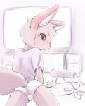  anthro briefs bulge butt canid canine canis canopus335 clothing cub domestic_dog game_console gaming kemono looking_back male mammal partially_colored playing_videogame purple_eyes rear_view solo television underwear young 