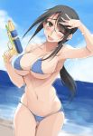  ;d armpits bare_shoulders beach bikini black_hair blue_bikini blush breasts cleavage collarbone cowboy_shot day eyebrows_visible_through_hair highres holding_water_gun kitano_(zekkyon) large_breasts long_hair midriff navel one_eye_closed open_mouth original ponytail smile swimsuit zekkyon 