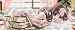  barefoot bed book bookmark breasts brown_eyes brown_hair cleavage glasses happy_lesson highres ichimonji_mutsuki long_hair lying medium_breasts mouth_hold nude on_stomach paper pen plant scan solo studying window 