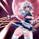  areolae bad_id bad_pixiv_id braid breasts danmaku izayoi_sakuya kuroino_(kuroyashiro) large_breasts nipples panties red_eyes short_hair silver_hair solo thighhighs torn_clothes torn_legwear torn_panties touhou twin_braids underboob underwear white_legwear 