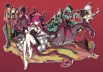  2girls animal_ears barefoot carmilla_(fate/grand_order) covering covering_breasts detached_sleeves dragon_horns dragon_tail elizabeth_bathory_(fate) elizabeth_bathory_(fate)_(all) fate/extra fate/extra_ccc fate/grand_order fate_(series) hairband horns ideolo long_hair looking_at_viewer multiple_girls purple_hair red_background simple_background sitting smile tail white_hair 