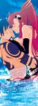  1girl bad_id bad_pixiv_id bandages belt blue_hair bodypaint breasts closed_eyes couple fingerless_gloves gloves hair_ornament hetero highres holding kamina large_breasts long_hair ponytail red_hair sarashi shorts soyoking sparkle tengen_toppa_gurren_lagann topless water wet yoko_littner 