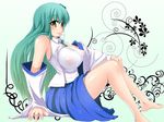  aqua_hair areolae arm_support bare_shoulders barefoot blush breasts detached_sleeves feet green_eyes kochiya_sanae large_breasts long_hair nipples rougetsu_(eclipse) see-through sitting solo touhou 