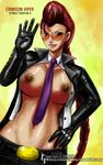  between_breasts braid breasts crimson_viper dark_skin earrings gloves jacket jewelry large_breasts leather long_hair midriff necktie open_clothes open_shirt pompadour red_hair shirt smirk solo street_fighter street_fighter_iv_(series) sunglasses watermark 