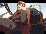  anthro bottomwear cape claude clothed clothing duo eyewear facial_hair felid fur hair human kmd023 lion mammal mane_hair monocle necktie pantherine red_hair sitting snow_(tas) tokyo_afterschool_summoners topwear video_games white_fur white_hair 