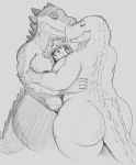  2019 alligator alligatorid anthro bedroom_eyes between_breasts big_breasts breasts butt crocodilian doctordj equid eye_contact female group half-closed_eyes hi_res hug larger_female looking_at_another looking_down mammal reptile scalie seductive sharp_teeth simple_background size_difference smile squish tabitha_morris teeth 