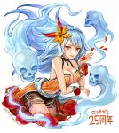  1girl amazio_komeko blue_hair breasts cleavage commentary_request dress hair_ornament large_breasts long_hair looking_at_viewer open_mouth rocbouquet_(saga) romancing_saga romancing_saga_2 saga shorts simple_background smile solo white_background 