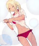  1girl bikini blonde_hair blush breasts dark_skin flaxvivi gravity_daze gravity_daze_2 hairband kitten_(gravity_daze) long_hair navel ponytail red_eyes shirt simple_background smile solo swimsuit 