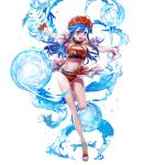  1girl bangs bare_arms bikini blue_eyes blue_hair breasts bunbun fire_emblem fire_emblem:_the_binding_blade fire_emblem_heroes flower full_body hair_ornament head_wreath hibiscus highres holding leg_up lilina long_hair medium_breasts navel official_art open_mouth palm_leaf red_bikini sandals shiny shiny_hair solo stomach swimsuit thighs toes transparent_background water 