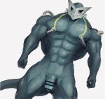  2019 abs altair_(katabreak) android anthro balls black_sclera blush bodily_fluids censor_bar genital_fluids hi_res humanoid jaws katabreak looking_at_viewer machine male monster muscular muscular_male obliques pecs penis precum quads robot solo sweat wire 