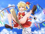 1girl :d ass bare_legs blonde_hair blue_sky broom broom_riding cloud cloudy_sky commentary_request crystal day fang flandre_scarlet flying full_body hat hat_ribbon highres medium_hair mini-hakkero mob_cap open_mouth panties pantyshot pink_panties puffy_short_sleeves puffy_sleeves red_eyes red_ribbon red_skirt red_vest ribbon role_reversal short_sleeves side_ponytail skirt sky smile solo theft thighs touhou underwear upskirt vampire vest wings 