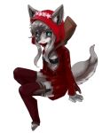  2014 4_fingers anthro black_sclera blue_eyes breasts canid canine cleavage clothed clothing female fingers fox fur grey_fur gun hit_ton_ton kemono looking_at_viewer mammal ranged_weapon red_hood simple_background sitting small_breasts solo weapon white_background 