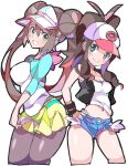  &gt;:) 2girls antenna_hair back-to-back bare_shoulders baseball_cap black_vest blue_eyes blue_shorts breasts brown_hair cleavage closed_mouth cropped_legs cutoffs double_bun enpe eyebrows_visible_through_hair grey_legwear hand_on_hip hat highres legwear_under_shorts long_hair medium_breasts mei_(pokemon) micro_shorts multiple_girls navel open_clothes open_vest pantyhose pokemon pokemon_(game) pokemon_bw pokemon_bw2 ponytail raglan_sleeves shirt shorts sidelocks simple_background sleeves_past_elbows small_breasts touko_(pokemon) twintails v-shaped_eyebrows vest visor_cap white_background white_headwear white_shirt wristband yellow_shorts 