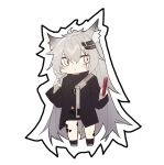  1girl animal_ear_fluff animal_ears arknights bangs black_jacket black_legwear black_shorts blush bridal_gauntlets chibi closed_mouth echj eyebrows_behind_hair full_body grey_footwear grey_hair hair_between_eyes hair_ornament hairclip holding jacket lappland_(arknights) long_hair long_sleeves scar scar_across_eye short_shorts shorts socks solo standing very_long_hair white_background wide_sleeves 