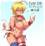  1girl ahoge american_flag_bikini american_flag_legwear areolae bikini blonde_hair bocodamondo breast_milk breasts choker cup curvy dark_skin flag_print glass green_eyes highres lactation large_breasts legs milk mito_ikumi navel nipples parted_lips shokugeki_no_souma short_hair simple_background smile solo swimsuit thighhighs thighs 