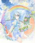  1girl blue_hair cloud dutch_angle flower garden happy juliet_sleeves karakasa_obake kneeling long_sleeves looking_at_viewer mononofu7 one_eye_closed puffy_sleeves rain rainbow red_eyes short_hair skirt skirt_set sky solo sunlight tatara_kogasa tongue tongue_out touhou traditional_media umbrella vest water_drop watercolor_(medium) 