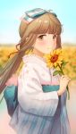  1girl absurdres bangs blue_sky blunt_bangs blush bow brown_eyes commentary_request eyebrows_visible_through_hair field floral_print flower flower_field hair_bow hair_ribbon highres holding holding_flower idolmaster idolmaster_cinderella_girls japanese_clothes kimono light_brown_hair long_hair long_sleeves looking_at_viewer low_ponytail outdoors ponytail red_ribbon ribbon sash senbei_no_kakera sky smile solo striped striped_bow sunflower upper_body very_long_hair wide_sleeves yorita_yoshino 