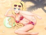  1girl :d ball bare_arms bare_shoulders beach beachball bikini black_scrunchie blonde_hair blue_eyes blush breasts brown_footwear character_request collarbone denkaisui fingernails floral_print full_body hair_ornament hair_scrunchie halter_top halterneck hand_up high_heels long_hair looking_at_viewer medium_breasts nail_polish navel one_side_up open_mouth pink_nails princess_connect! princess_connect!_re:dive print_bikini sand sandals scrunchie smile solo swimsuit toenail_polish toenails v_over_eye very_long_hair white_bikini 