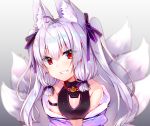  animal_ears blush close collar cropped fang foxgirl gradient multiple_tails original red_eyes ribbons tail twintails usagihime waifu2x white_hair 