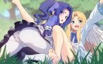  2girls ahoge blonde_hair blue_eyes blue_hair blush feathers feet firo_(tate_no_yuusha_no_nariagari) grass hand_on_another&#039;s_leg long_hair looking_at_viewer melty_q_melromarc multiple_girls pantyhose purple_skirt skirt smile tate_no_yuusha_no_nariagari tenkuu_nozora thighs white_feathers wings 