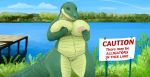  alligator alligatorid anthro bedroom_eyes big_breasts breasts crocodilian detailed_background doctordj english_text female half-closed_eyes hand_on_breast hi_res lake looking_at_viewer nude olivia_(doctordj) overweight overweight_female pussy reptile scalie seductive sharp_teeth smile solo teeth text tree water 