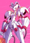  absurdres breasts closed_mouth darling_in_the_franxx feet_out_of_frame fish.boy from_below headgear highres holding holding_polearm holding_weapon horn humanoid_robot joints looking_at_viewer looking_down mecha medium_breasts no_humans pink_background polearm red_eyes robot standing strelizia thighs tube weapon 