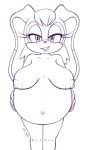  anthro belly big_belly big_breasts breasts excito eyelashes female half-closed_eyes hyper hyper_belly lagomorph leporid lips looking_at_viewer mammal monochrome navel nipples pregnant purple_and_white rabbit simple_background solo sonic_(series) vanilla_the_rabbit white_background 