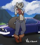  boots bottomwear canid canine car clothing eyes_closed female feretta footwear ford ford_mustang fox fur fur_boots grey_fur hi_res jeans mammal pants scenery smile solo tied_top vehicle vix_(feretta) 