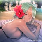  1girl back bangs bare_shoulders beach bikini black_bikini blanket breasts commentary_request dark_skin fire_emblem fire_emblem_heroes flower gradient_hair green_hair hair_between_eyes hair_flower hair_ornament laegjarn_(fire_emblem) large_breasts looking_at_viewer lying maeshima_shigeki multicolored_hair ocean on_stomach orange_hair parted_lips red_eyes shore short_hair sideboob solo sunbathing swimsuit water 