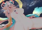  2019 absurd_res accessory anthro aquatic_dragon blue_eyes breasts countershading detailed_background digital_media_(artwork) dragon featureless_breasts female hair hair_accessory hair_ribbon hi_res horn kemono looking_at_viewer marine multi_ear multicolored_scales navel nude open_mouth pink_hair pink_scales pozpoz presenting presenting_pussy pussy ribbons ring scales sharp_teeth signature sitting smile solo teeth tongue white_countershading 