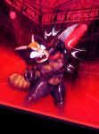  aggressive_retsuko ailurid angry anthro breasts cleavage clothed clothing female glowing glowing_eyes hi_res holding_object mammal microphone red_panda retsuko riendonut sanrio screaming sharp_teeth singing solo teeth text 