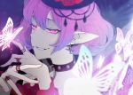  bug butterfly choker flower hair_between_eyes hat hat_flower insect looking_at_viewer lucid maplestory pink_eyes pink_hair pointy_ears short_hair smile 