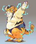  2017 anthro belly felid fur garouzuki humanoid_hands male mammal moobs orange_fur overweight overweight_male pantherine raiden_tameemon sengoku_puzzle simple_background solo tiger 