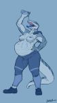  anthro breasts clothed clothing female greasymojo hi_res lizard nipples open_mouth pregnant reptile scalie solo standing tongue tongue_out topless towel water_bottle 