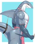  2019 aaassstaro apron black_sclera blue_scales butt clenched_teeth clothing embarrassed fish knife male marine mostly_nude muscular muscular_male obliques pecs red_eyes scales scar shark simple_background solo teeth 