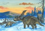 2012 ambient_bird avian bird brown_scales ceratopsian chasmosaurus cloud detailed_background dinosaur feral group hi_res horn mountain quadruped realistic reptile scales scalie side_view signature sky snow traditional_media_(artwork) tree tuomas_koivurinne 