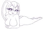  anthro areola bedroom_eyes big_breasts blush breasts butt excito female half-closed_eyes hi_res lagomorph leporid lips looking_at_viewer lying mammal monochrome on_front purple_and_white rabbit seductive simple_background soles solo sonic_(series) vanilla_the_rabbit white_background 