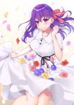  1girl black_ribbon blush breasts collared_dress commentary_request dress fate/stay_night fate_(series) flower hair_ribbon heaven&#039;s_feel highres hizuki_higure long_hair looking_at_viewer matou_sakura medium_breasts petals purple_eyes purple_hair rei_no_himo ribbon simple_background skirt_basket skirt_hold smile solo white_dress 