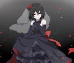  1girl bare_shoulders black_dress black_eyes black_gloves black_hair black_wedding_dress bow bridal_veil dress elbow_gloves eyebrows_visible_through_hair flower frilled_dress frills gloves hair_flower hair_ornament hammer_(sunset_beach) jewelry monogatari_(series) oshino_ougi owarimonogatari petals ring short_hair simple_background skirt skirt_lift sleeveless sleeveless_dress smile veil wedding_dress wedding_ring 