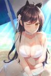  1girl absurdres ahoge albi animal_ears atago_(azur_lane) atago_(midsummer_march)_(azur_lane) azur_lane bare_arms bare_shoulders beach_umbrella bikini black_hair blush breasts brown_eyes choker cleavage closed_mouth collarbone commentary_request day flower hair_flower hair_ornament halterneck highres large_breasts long_hair looking_at_viewer mole mole_under_eye one_eye_closed outdoors sarong sidelocks smile solo sunlight swimsuit umbrella wet white_bikini 