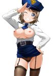  1girl ;d badge bangs belt belt_buckle black_bow black_legwear black_panties blue_eyes blue_neckwear blue_skirt bow bow_panties breast_pocket breasts buckle cameltoe covered_nipples cuffs garter_belt garter_straps grey_hair hand_on_hip hat highres lace lace_panties long_sleeves looking_at_viewer love_live! love_live!_sunshine!! medium_breasts miniskirt nahoyoshi necktie nipples one_eye_closed open_clothes open_mouth open_shirt panties pocket police police_badge police_hat police_uniform policewoman salute shirt_tucked_in short_hair simple_background skindentation skirt skirt_lift smile solo teeth thick_thighs thigh_gap thighhighs thighs unbuttoned unbuttoned_shirt underwear uniform watanabe_you white_background zettai_ryouiki 